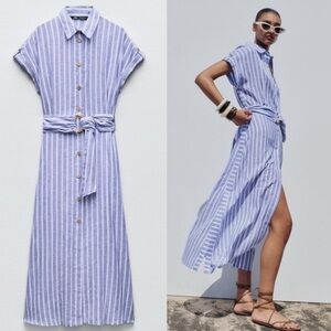 Linen Button Up Belted Midi Dress